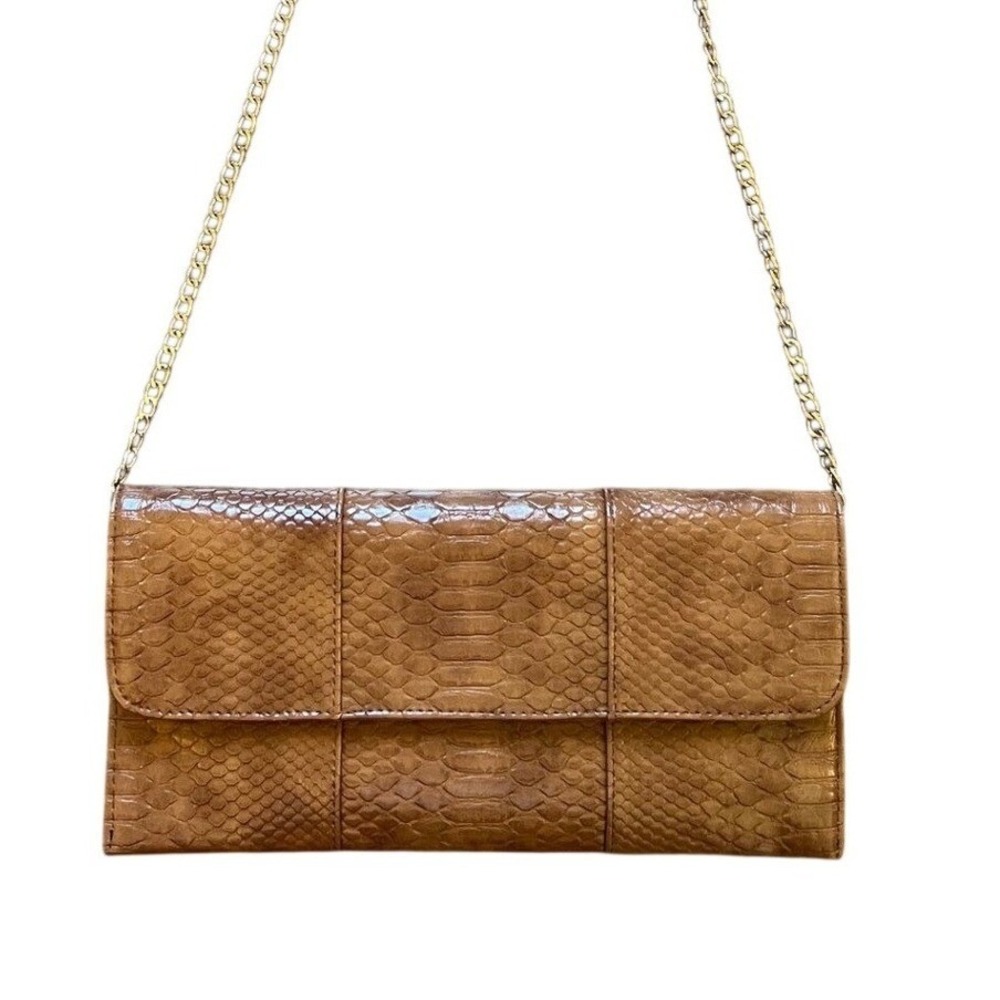 Madison West Brown Snakeskin Embossed Removable Chain Strap Clutch Bag Women OS